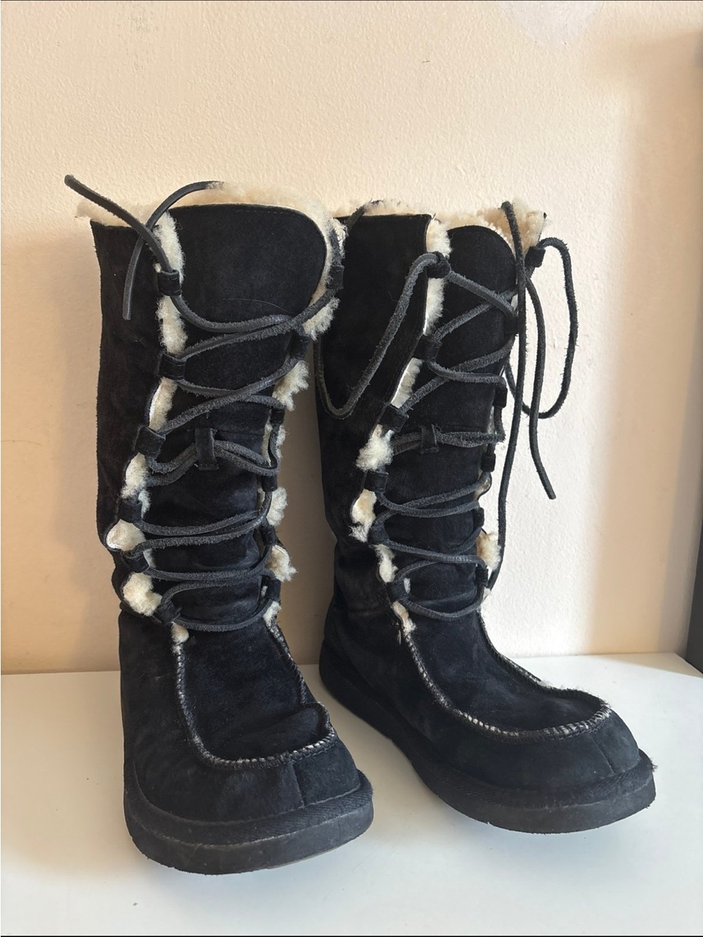 UGG Black Suede Lace-Up Tall Winter Boots with Shearling Trim